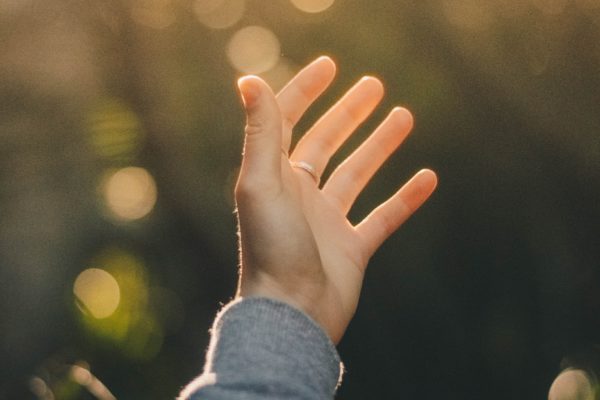 Person rasing hand in direction to sunlight