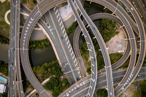 Aerial photo of concrete roads Aerial photo of curvy concrete roads