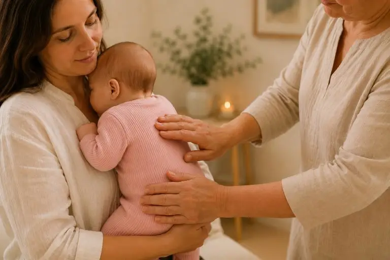 Baby Bowen therapy session with a parent holding their child while gentle hands-on treatment is applied.