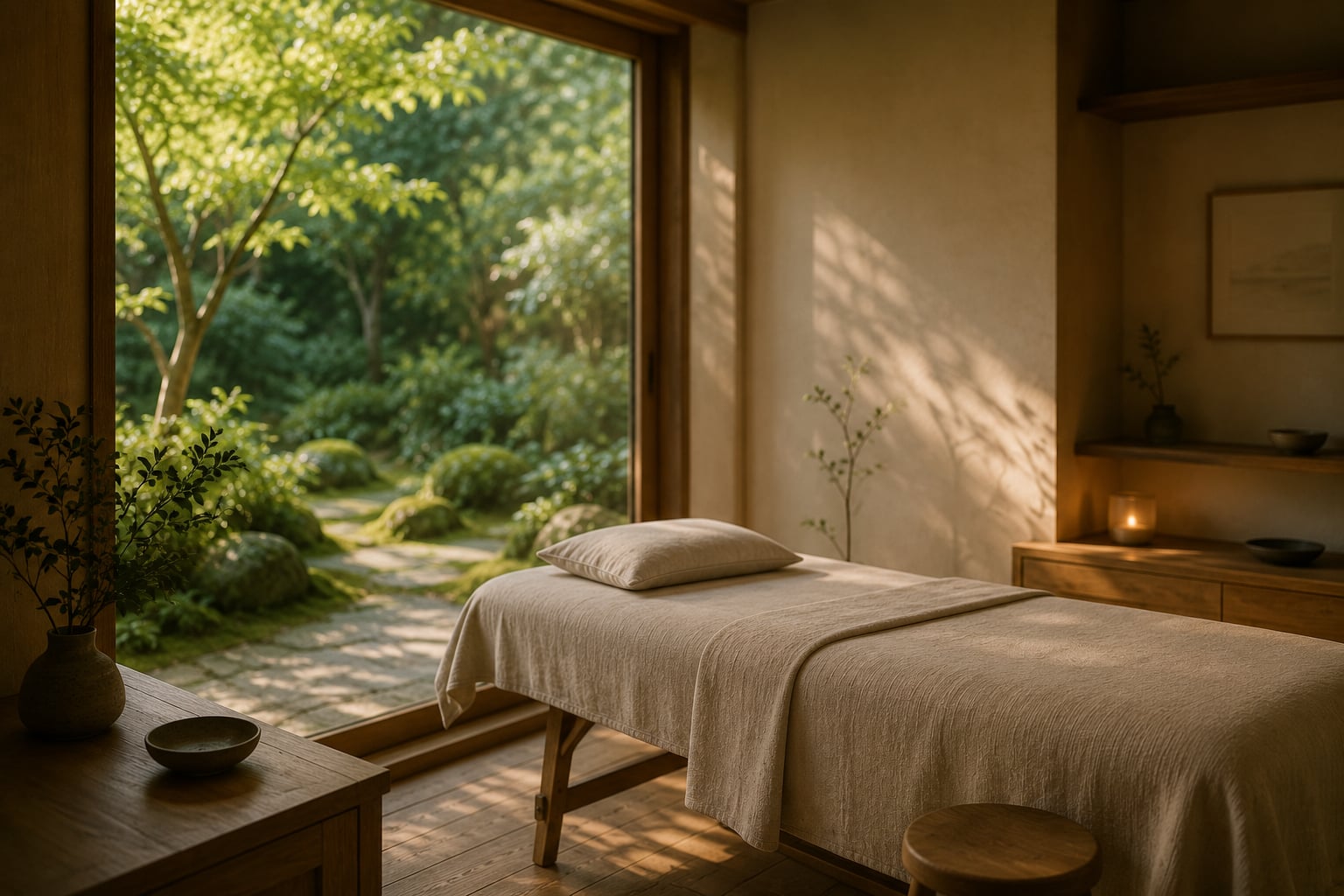 Quiet bodywork room with a treatment couch and garden view, symbolising regulation, balance and nervous system wellbeing.