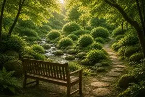 Quiet bench beside a stream and winding path, symbolising space, perspective and thoughtful reflection.