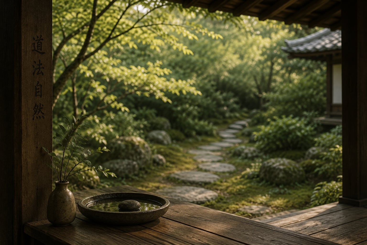 Quiet garden pathway and water bowl representing balance, presence and the unfolding nature of change.