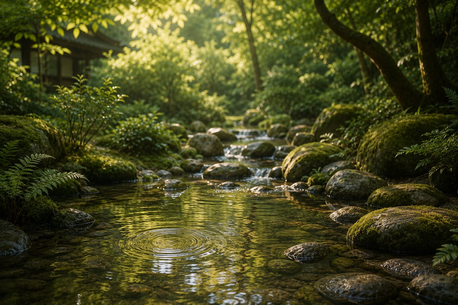 Gentle ripples spreading across a woodland stream, symbolising nervous system regulation and the body’s capacity for change.