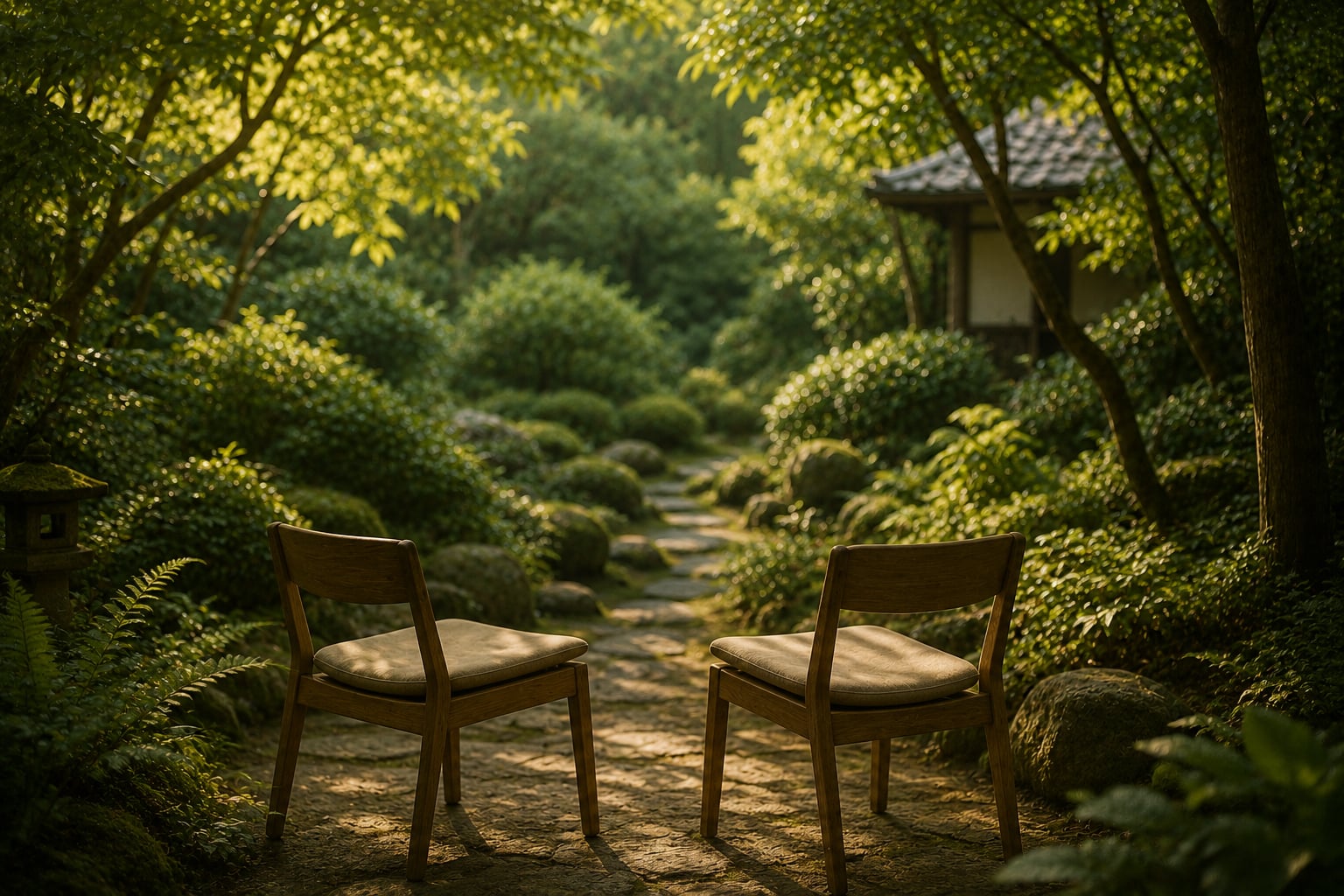 Two chairs positioned side by side in a tranquil garden, representing connection, conversation and relationship growth.