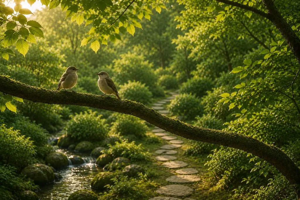 Two small birds resting on a branch above a woodland stream, symbolising connection, communication and relationship growth.