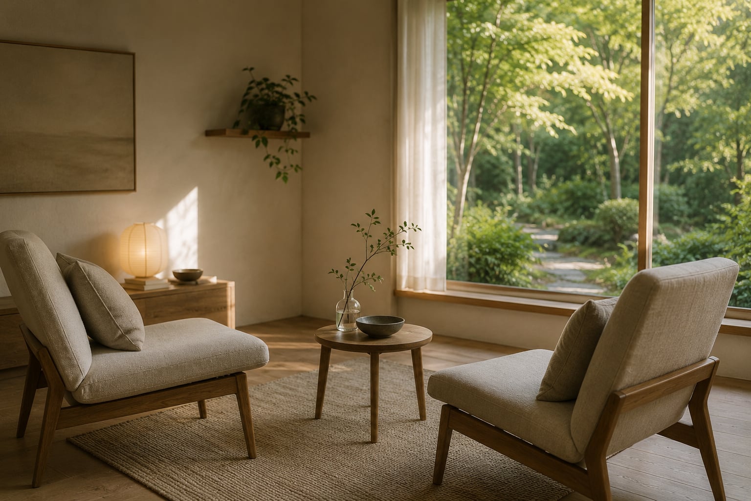 Calm therapeutic space with two chairs facing each other, symbolising connection, reflection and meaningful conversation.