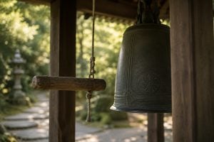 Traditional temple bell in a peaceful garden, symbolising presence, attention and thoughtful therapeutic practice.