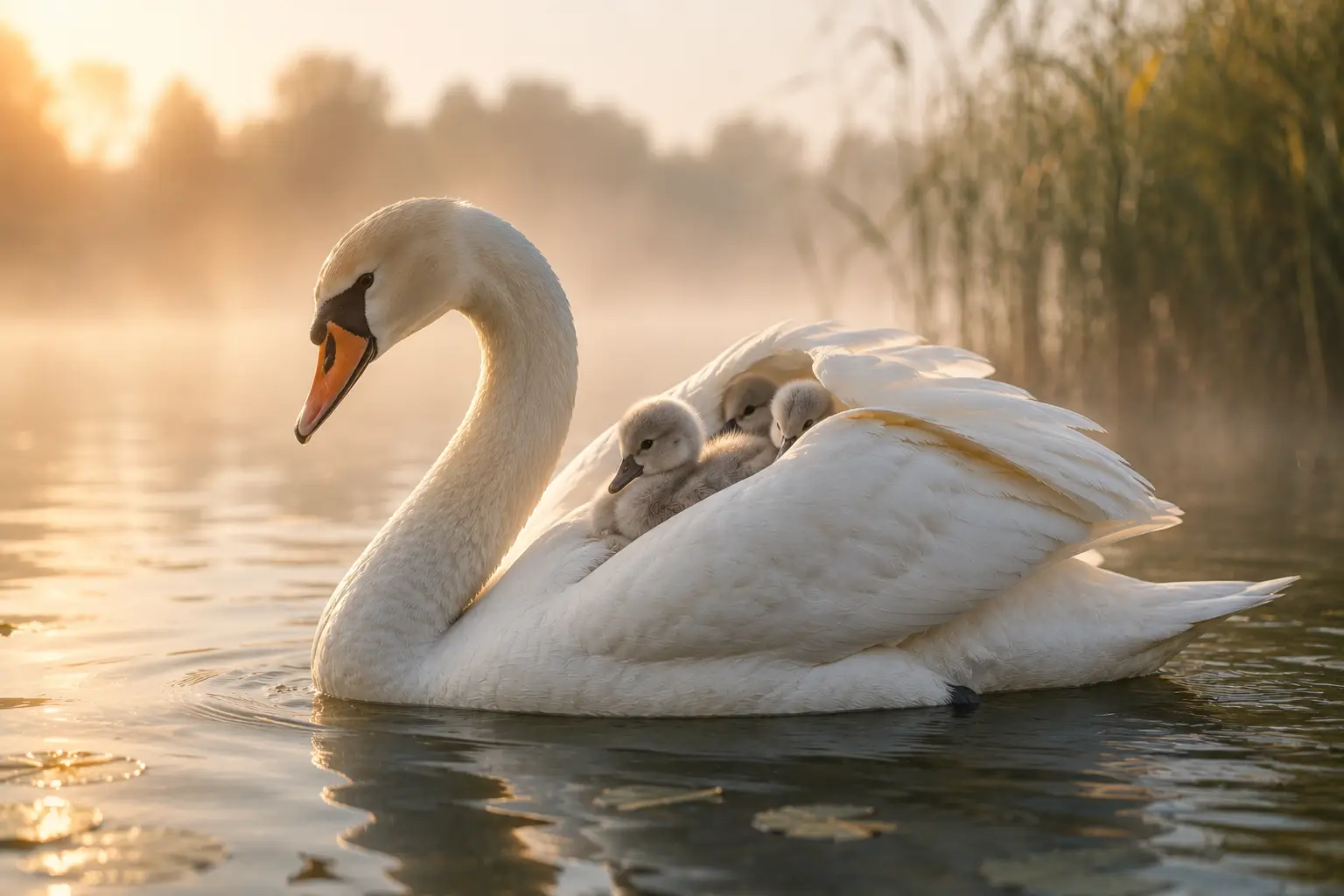 A Swan gliding across calm water with tree cygnets sheltered beneath its wings