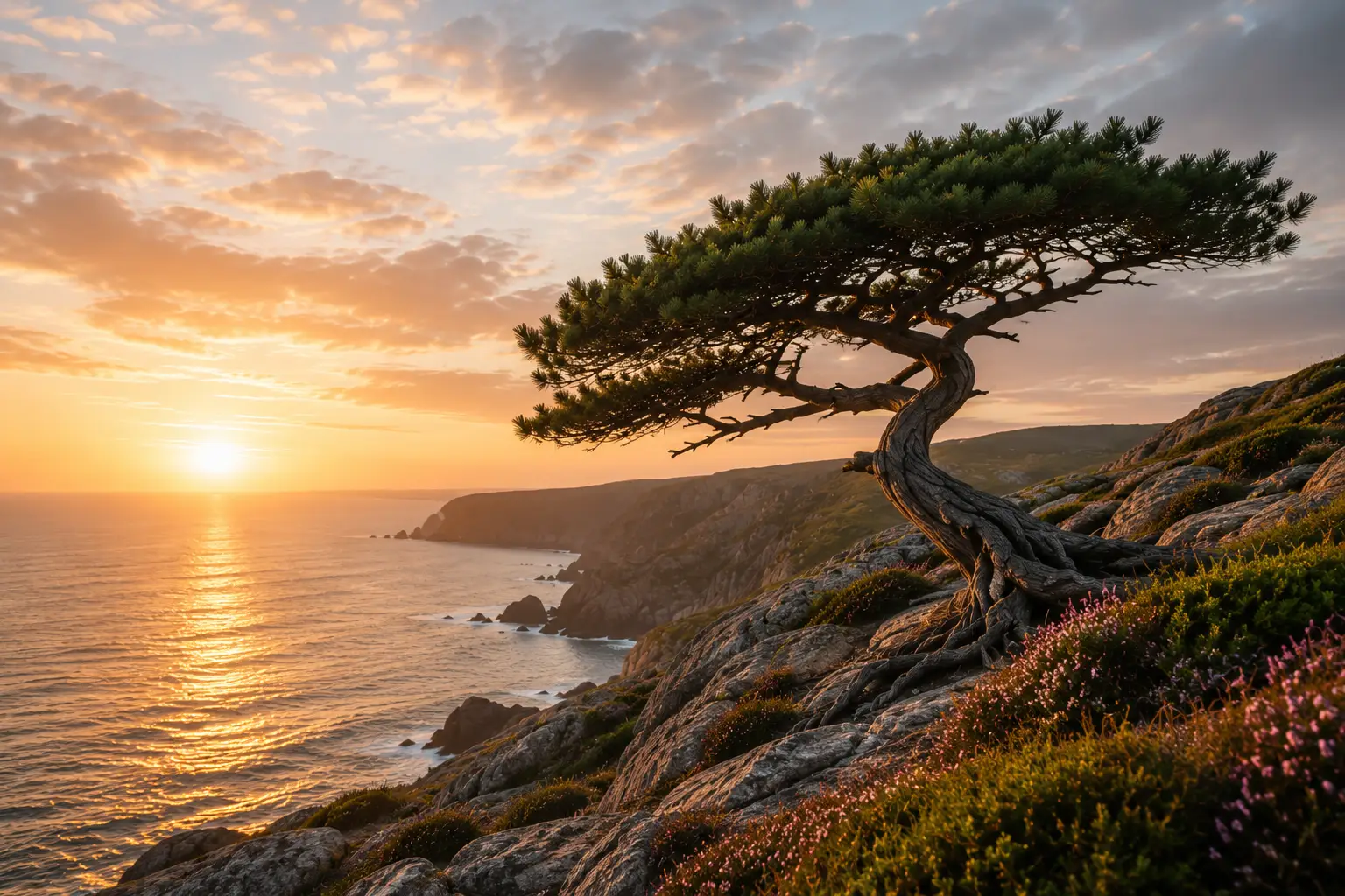 A windswept tree growing from a rocky coastal cliff, overlooking the sea in warm evening light