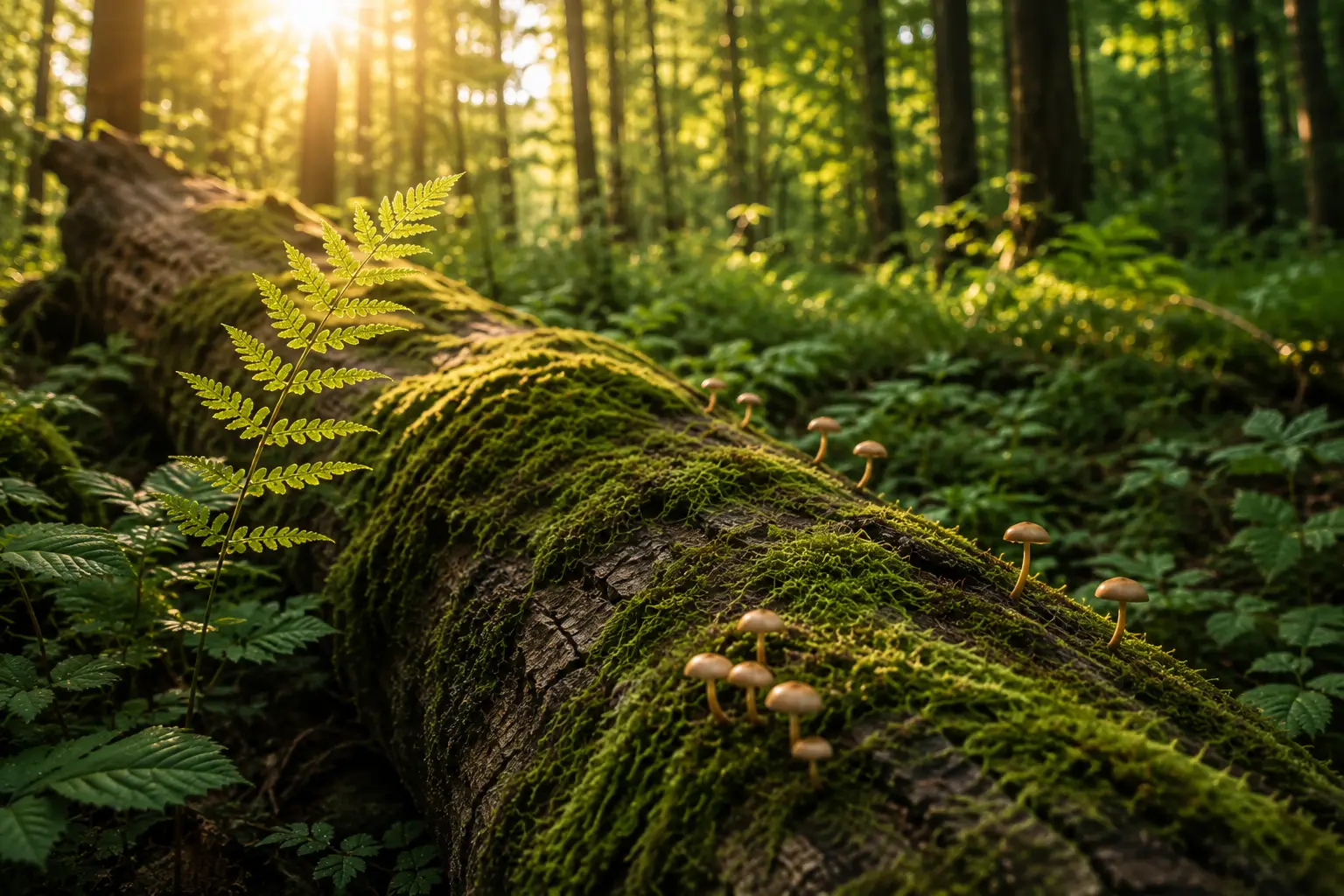 Sunlight filtering through a green woodland, illuminating ferns, moss and small mushrooms growing naturally along a fallen tree.
