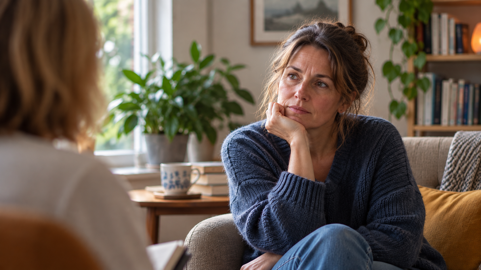 Reflective Therapy Conversation in a Cosy Room Woman in a counselling session listening thoughtfully to her counsellor.